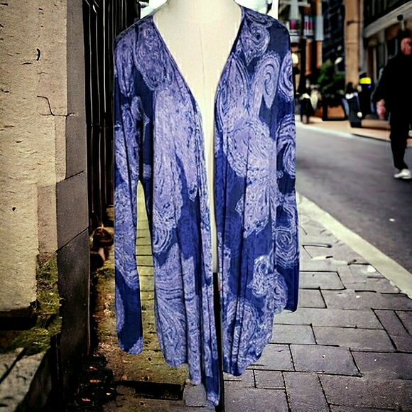 Purple Paisley Starry Night Artsy Open Rayon Knit Cardigan Boho Festival Chico's - Picture 2 of 11